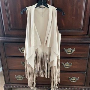 Faux suede cream fringe vest